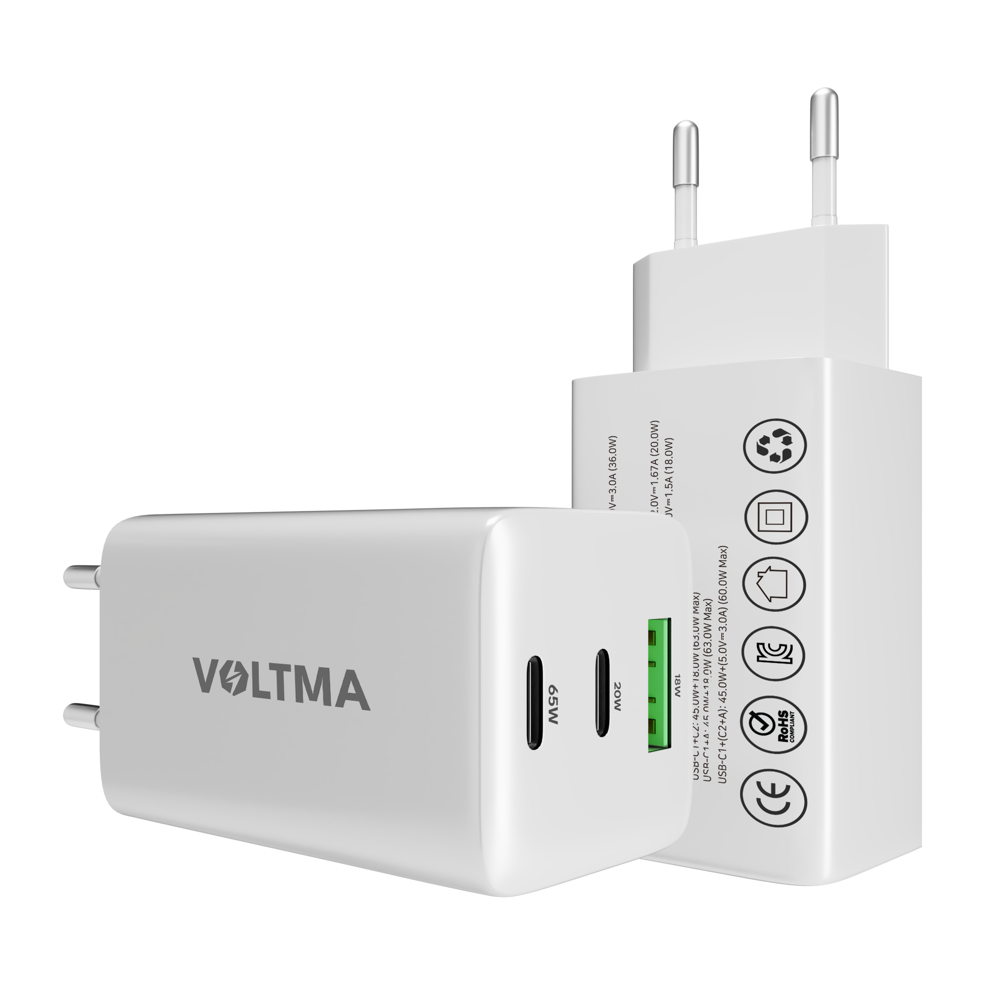 VOLTMA Cargador USB de 65W con 3 Puertos de Entrada